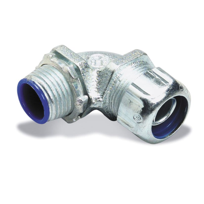 Thomas & Betts T&B® 5252 Non-Insulated Liquidtight Conduit Connector, 1/2 In Trade, 90 Deg, Malleable Iron, Electro-Plated Zinc/Chromate Coated